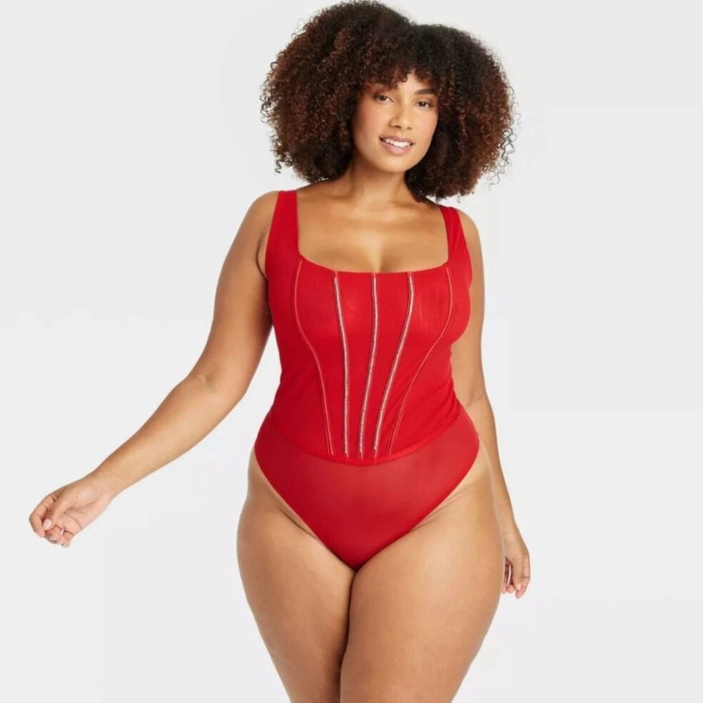 Auden Sheer Mesh Rhinestone Thong Bodysuit